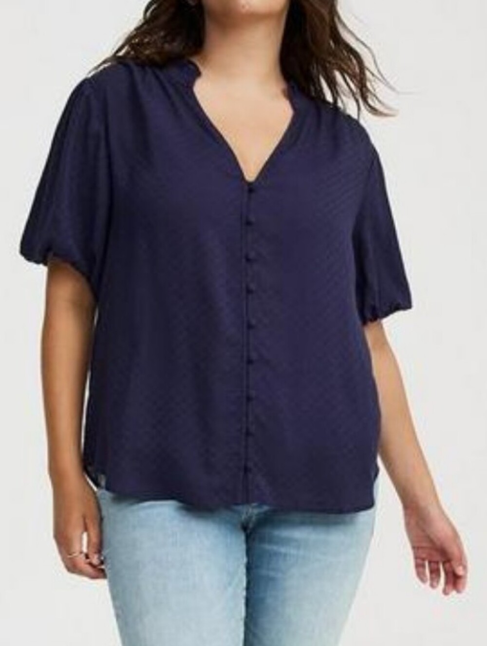 Torrid Navy Button-Front V-Neck Short Puff Sleeve Top